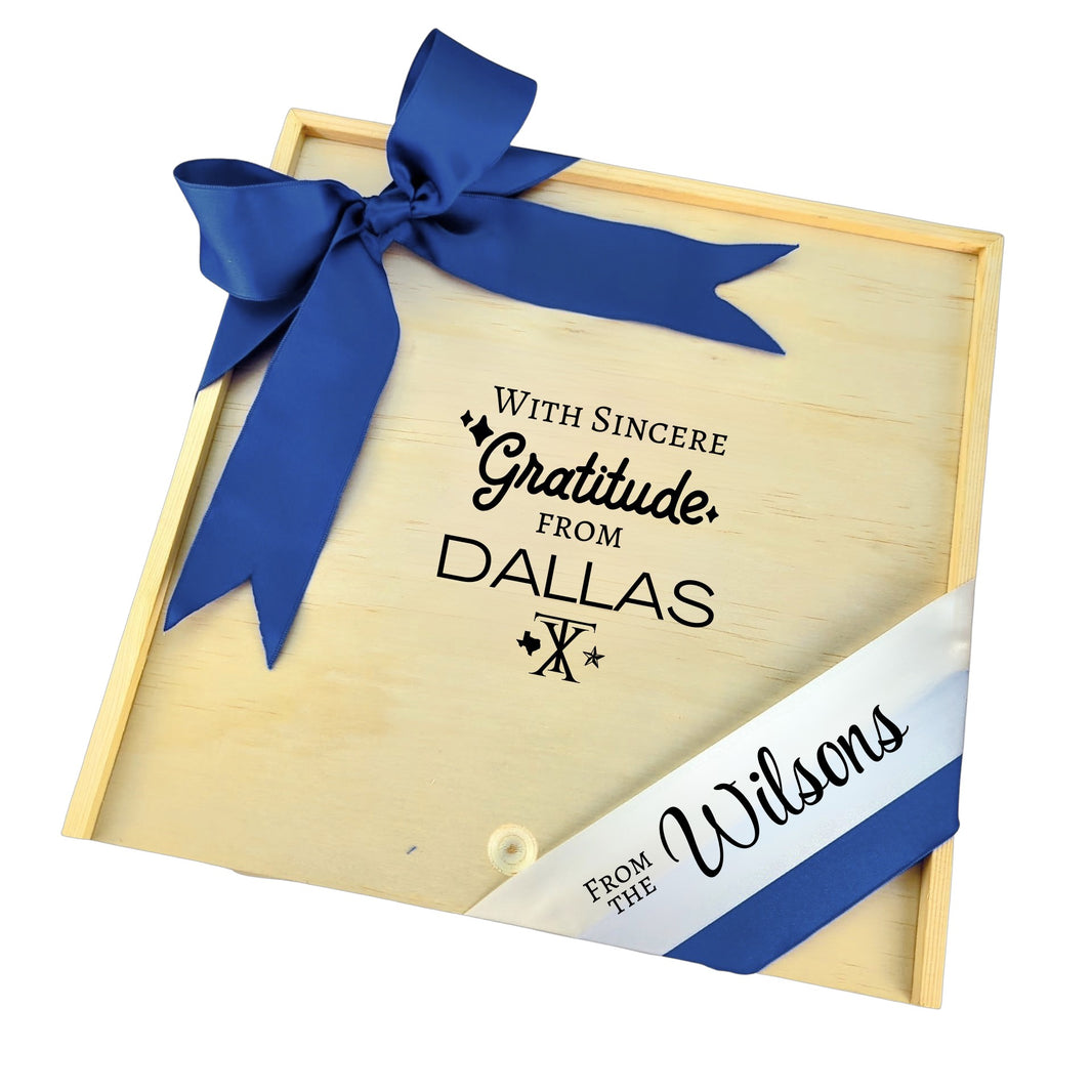 With Sincere Gratitude from Dallas wooden gift box with Texas-inspired city design, perfect for gifting or keepsakes