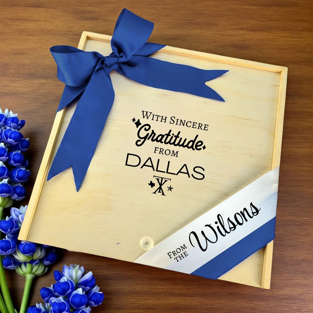 Wooden gift box with the phrase “With Sincere Gratitude from Dallas,” designed for filling with customizable Texas snacks, artisan treats, and thoughtful extras.