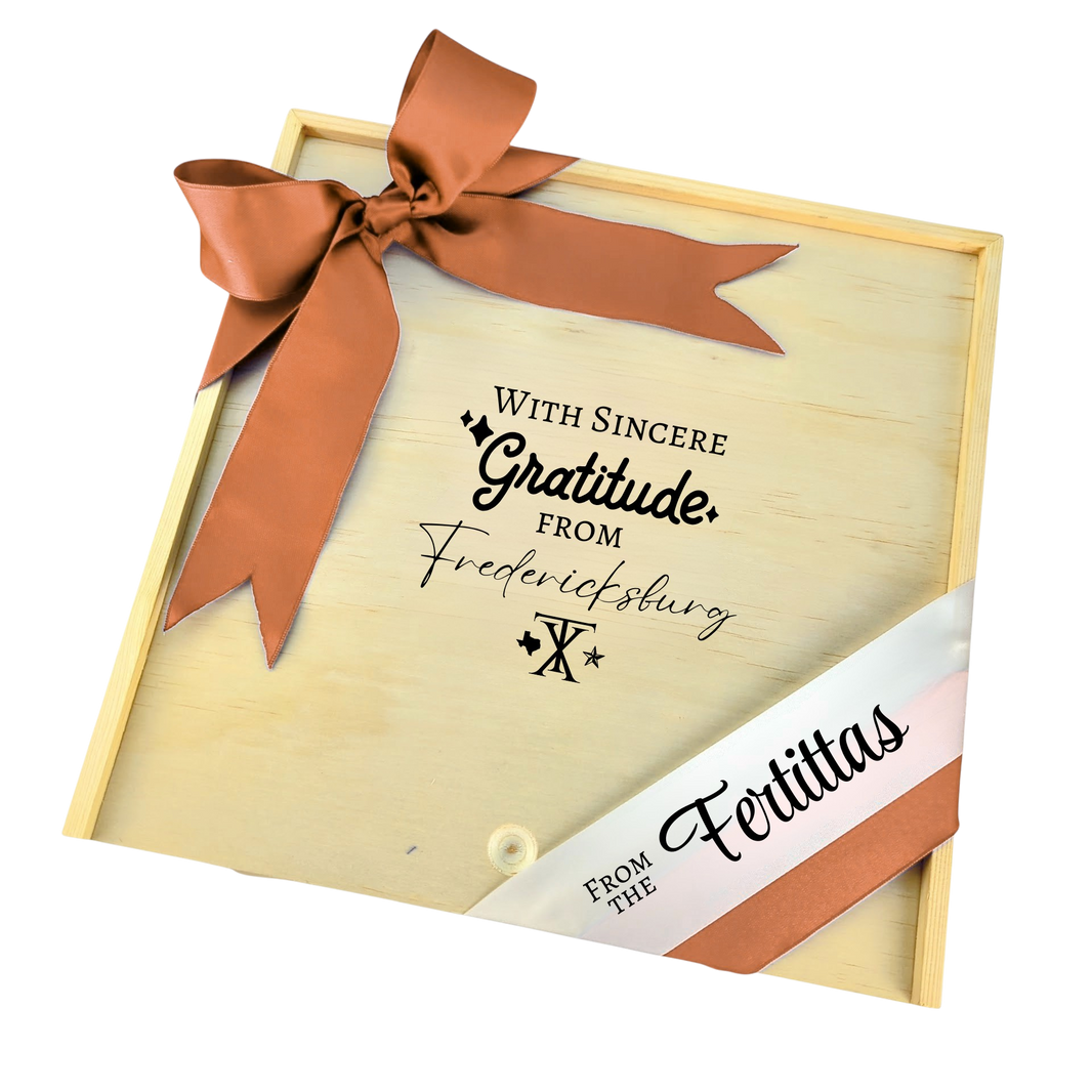 With Sincere Gratitude from Fredericksburg wooden gift box with Texas-inspired small-town design, perfect for gifting or keepsakes.