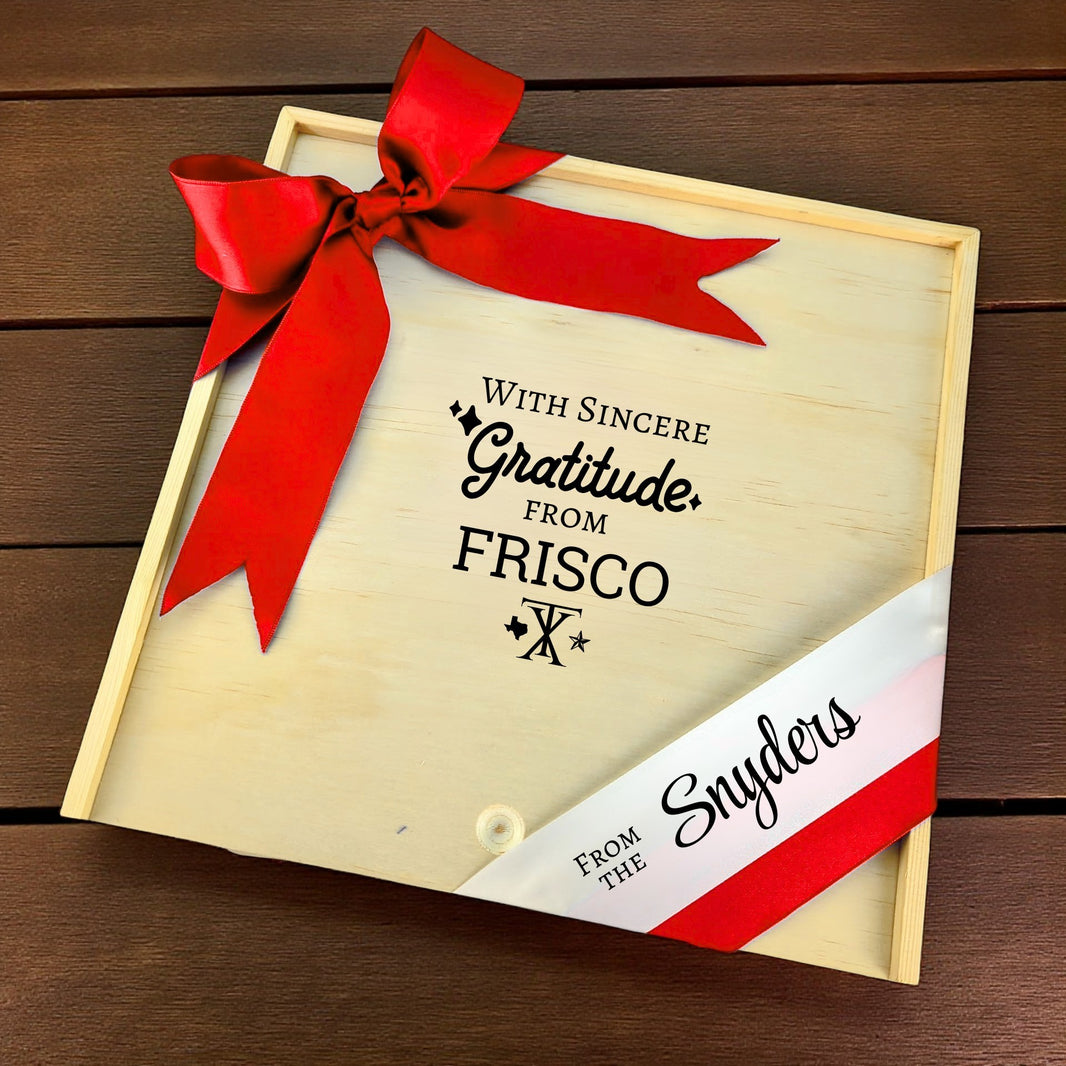 With Sincere Gratitude from Frisco wooden gift box with Texas-inspired design, perfect for keepsakes or thoughtful gifting