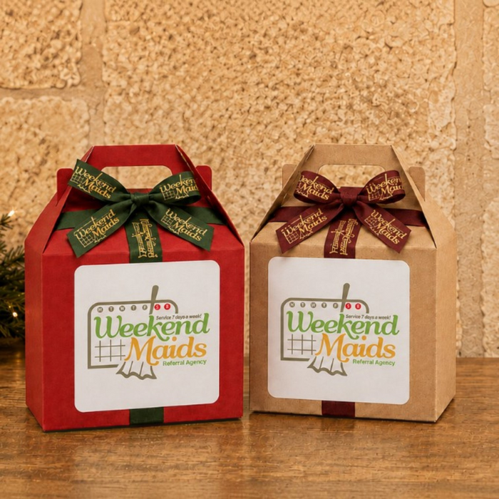 Branded holiday gift boxes finished with Weekend Maids logo ribbon