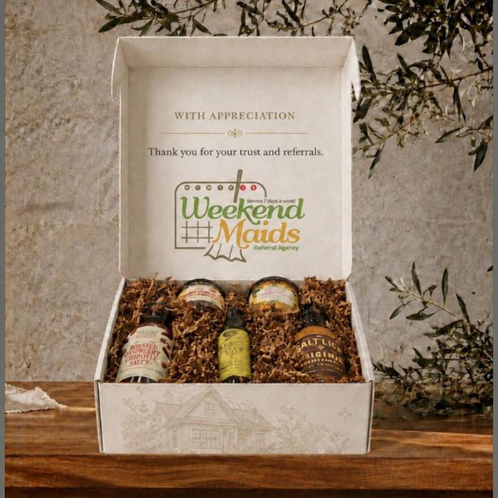 Branded appreciation mailer with Texas sauces and a printed Weekend Maids thank-you insert