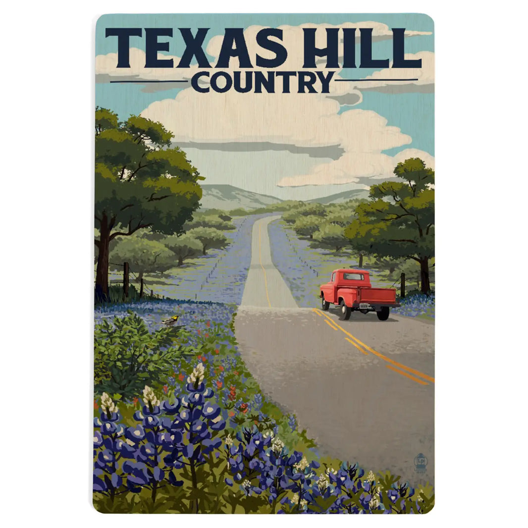 Wood postcard featuring Texas Hill Country bluebonnets displayed as a Texas-themed keepsake on the Texas Gift Baskets storefront