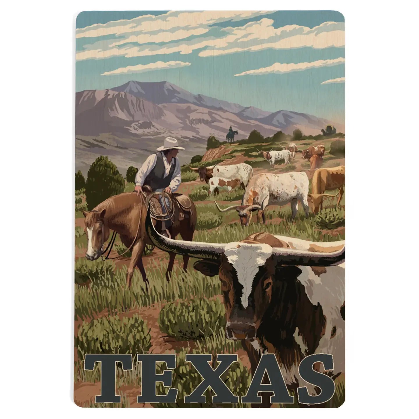 Wood postcard featuring a Texas longhorn scene displayed as a Texas-themed keepsake on the Texas Gift Baskets storefront