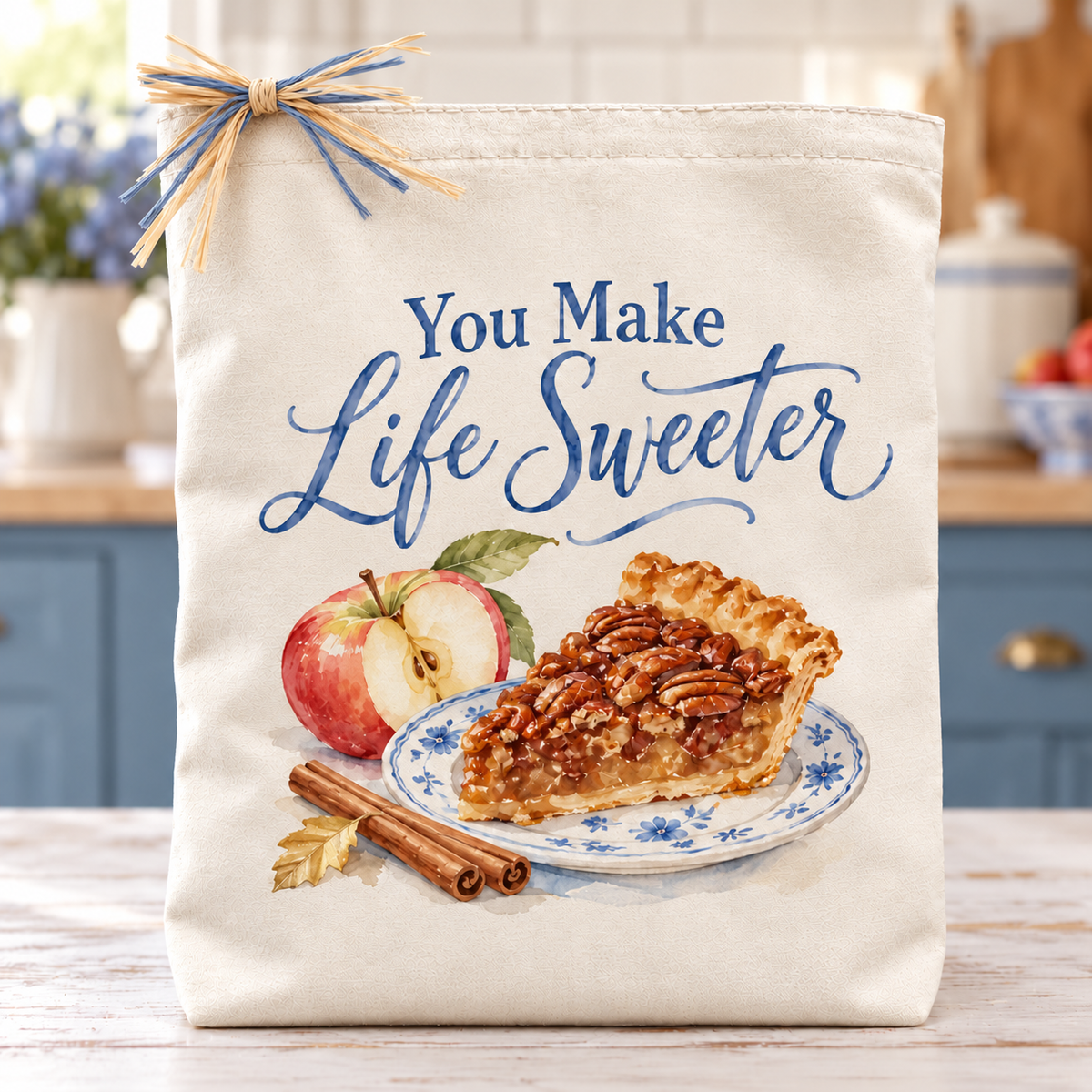 Cream canvas You Make Life Sweeter fall gift tote. Airy blue lettering and a watercolor pecan-pie, apple, and cinnamon vignette create a sweet fall thank-you.