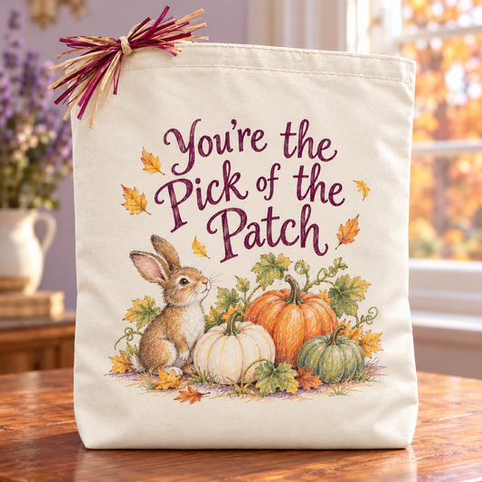 Cream canvas You're the Pick of the Patch fall gift tote. A colored-pencil rabbit and pumpkin-patch illustration gives this affectionate autumn message a playful touch.